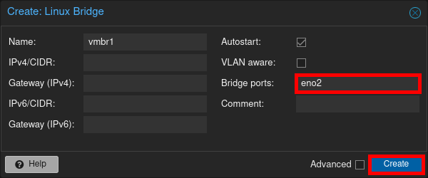 Screenshot of Proxmox VE 8.3 interface showing the configuration of a Linux Bridge with bridge port eno1 before creation.