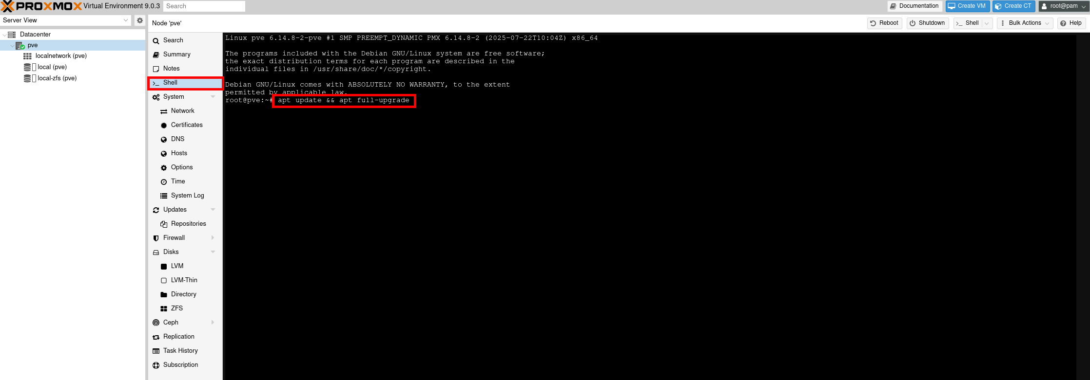Proxmox VE 9 shell running apt update and upgrade