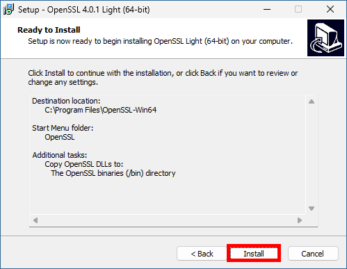 OpenSSL Light installer displaying the selected destination folder, Start Menu folder and DLL location before installation