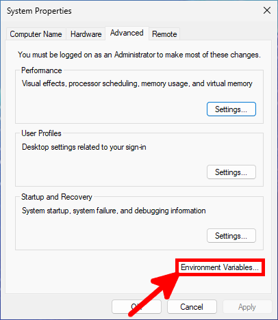 Windows System Properties window on the Advanced tab with the Environment Variables button highlighted