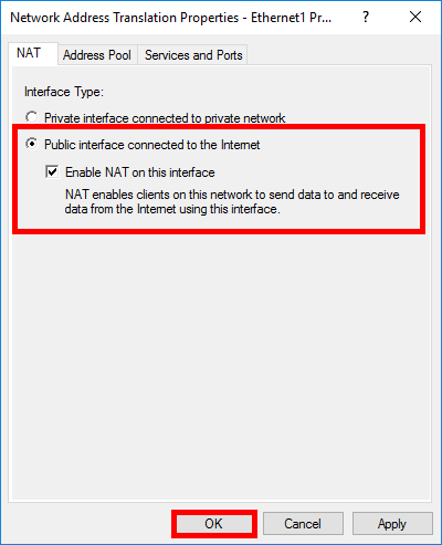 Network Address Translation properties for Ethernet1 showing Public interface connected to the Internet and Enable NAT on this interface selected