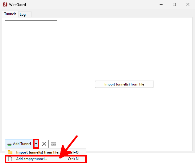 WireGuard Windows interface showing how to add an empty tunnel configuration manually