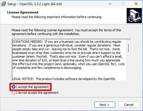 OpenSSL 64-bit installer License Agreement window with 'I accept the agreement' option selected during setup.