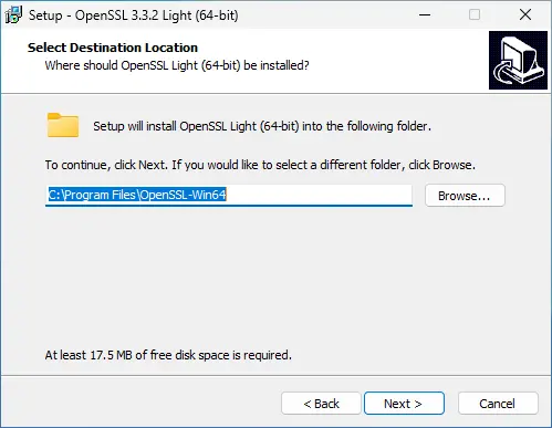 OpenSSL 64-bit installer window showing the destination folder selection with default path set to Program Files.