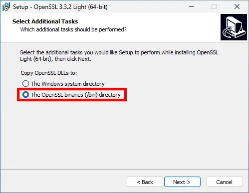 OpenSSL 64-bit installer window showing additional tasks with 'The OpenSSL binaries (bin) directory' option selected.