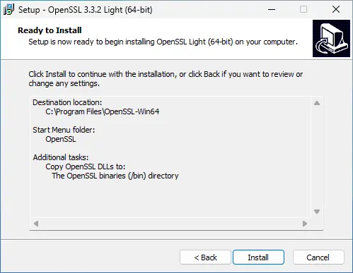 OpenSSL 64-bit installer ready to install window showing destination location, Start Menu folder, and additional tasks summary.