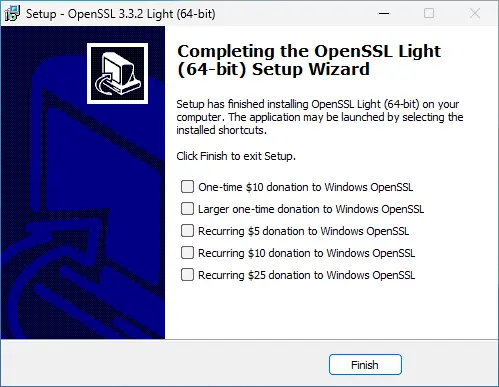 OpenSSL 64-bit setup wizard completion window with donation options and Finish button.