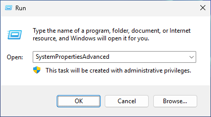 Windows Run dialog box with 'SystemPropertiesAdvanced' entered to open advanced system properties with administrative privileges