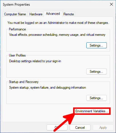 Windows System Properties window with the Environment Variables button highlighted for accessing system environment settings.