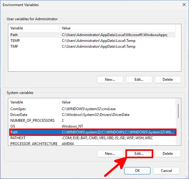 Windows Environment Variables window with the Path variable highlighted and Edit button selected under System variables.