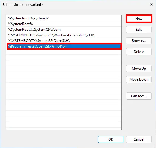 Edit environment variable window with a new path for OpenSSL added under Program Files, and the New button highlighted.