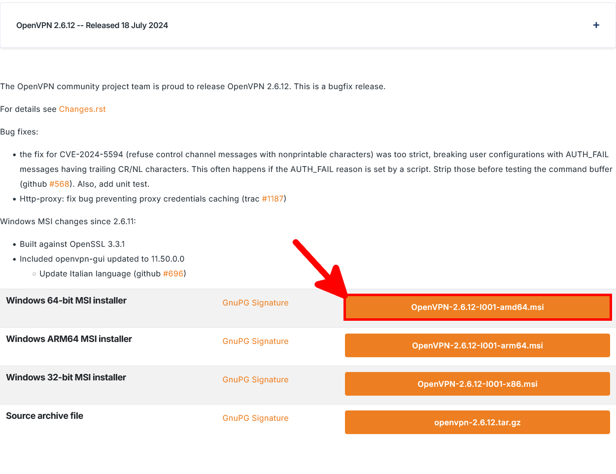 OpenVPN 2.6.12 release page with an arrow pointing to the Windows 64-bit MSI installer download link.