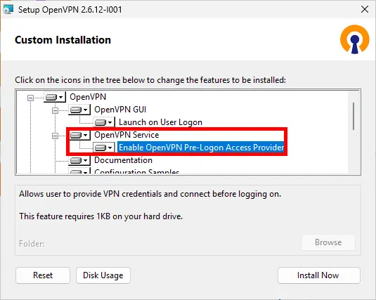 OpenVPN custom installation window with 'Enable OpenVPN Pre-Logon Access Provider' option selected under OpenVPN Service.