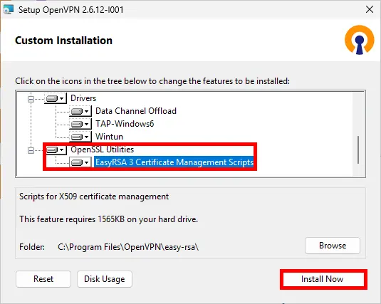 OpenVPN custom installation window with 'EasyRSA 3 Certificate Management Scripts' selected under OpenSSL Utilities and the 'Install Now' button highlighted.