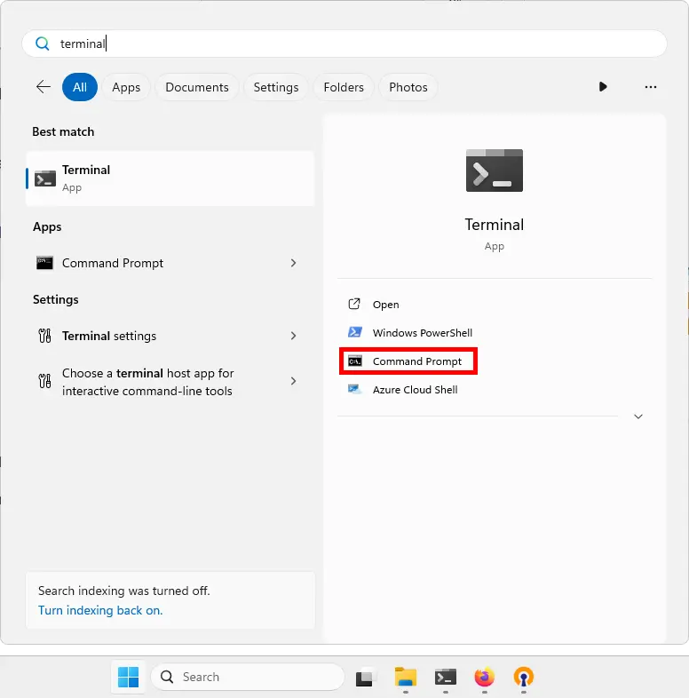 Windows search result for 'Terminal' with the Command Prompt option highlighted.