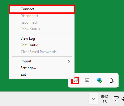 System tray showing OpenVPN icon with the Connect option selected from the context menu.