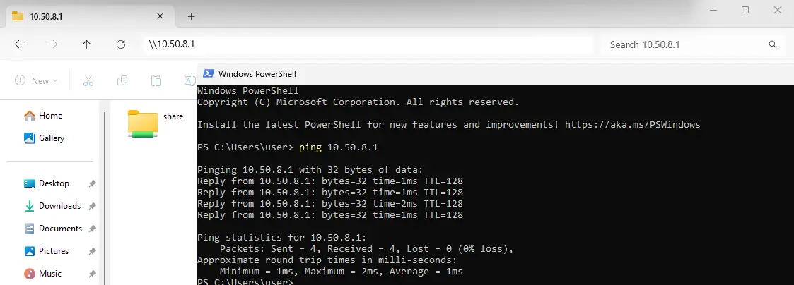 Windows PowerShell window showing ping results for IP 10.50.8.1, alongside a file explorer window accessing the same IP address.