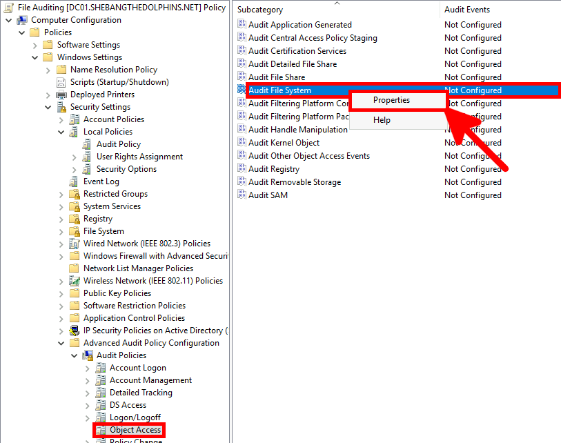 Edit Audit File System properties from the Group Policy Management console