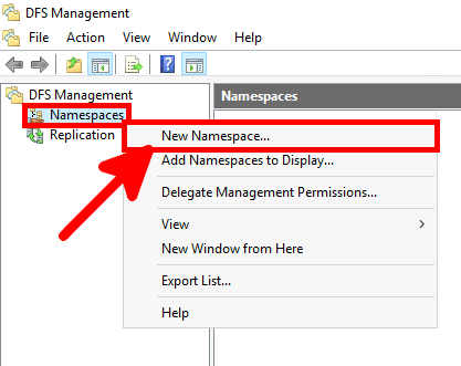 DFS Management | New Namespace menu
