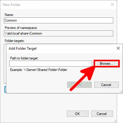 DFS Management | Add folder target, Path to folder target window