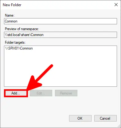 DFS Management | Add folder, New Folder Window