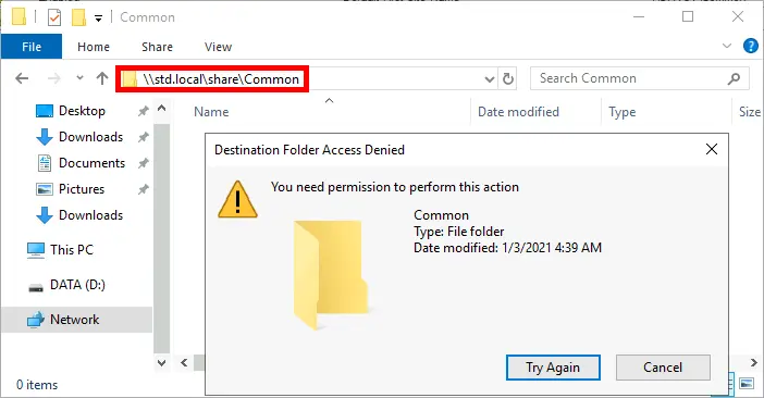 Windows explorer warning window : You need permission to perform this action