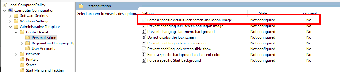 Group Policy Editor showing the Force a specific default lock screen and logon image setting under Personalization