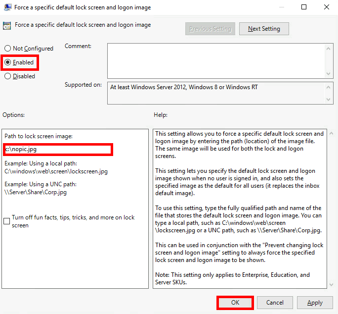 Group Policy setting for Force a specific default lock screen and logon image with Enabled option selected and image path specified