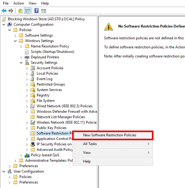 Add a New Software Restriction Policies from Group Policy Management Console