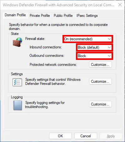 Domain profile tab of the Windows Defender interface
