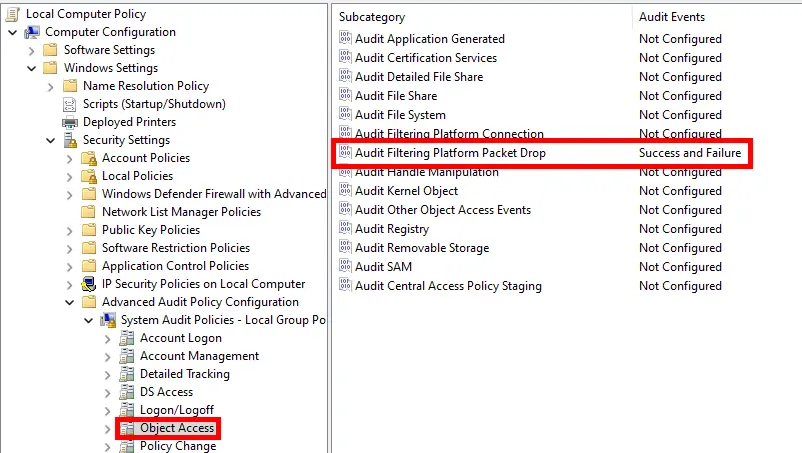 Local Group Policy Editor Window to enable the filtering platform packet drop audit