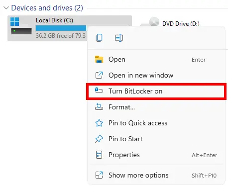 Windows explorer, right click to turn Bilocker on
