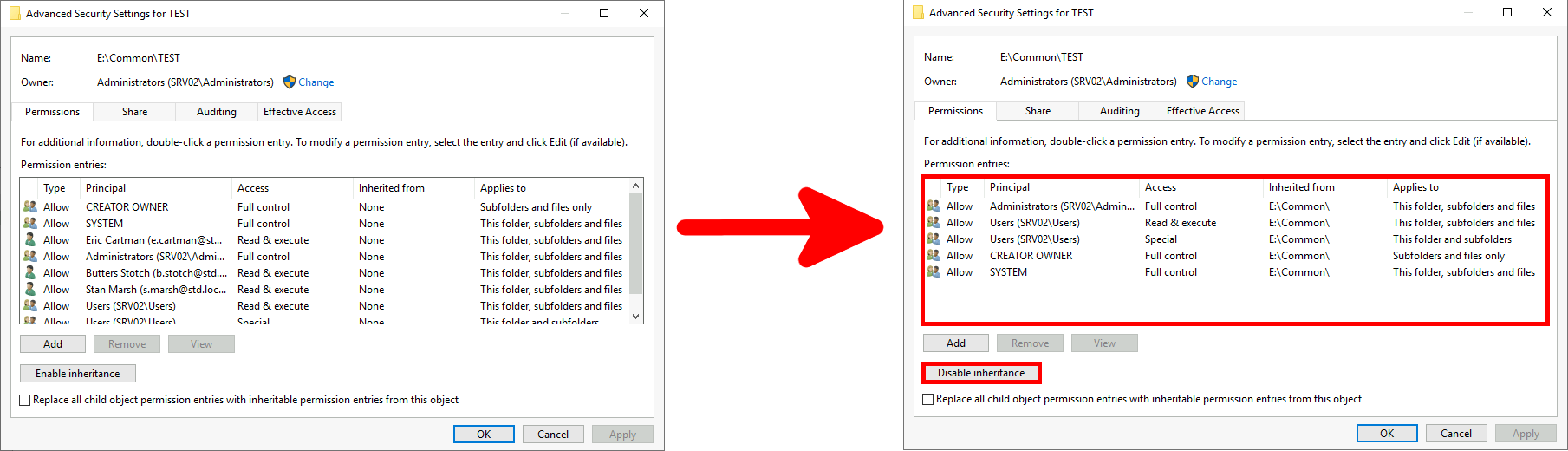 before and after comparison of two advanced security settings windows
