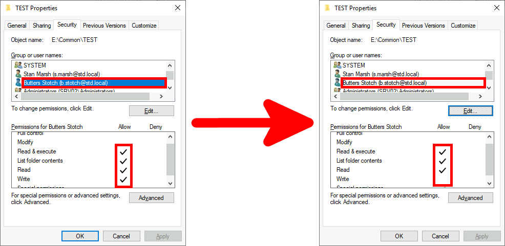 before and after comparison of two security properties windows after removal write access