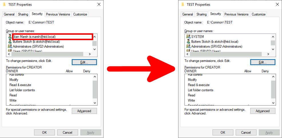 before and after comparison of two security properties windows after a user has been removed