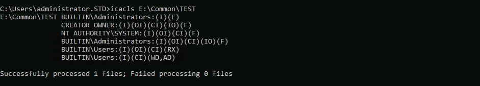 windows command showing the output of the icacls command printing current permissions