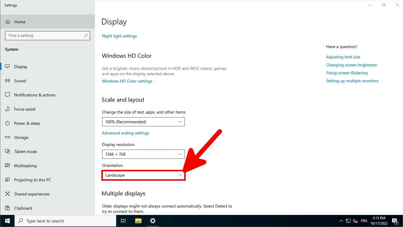 Windows 10 Display settings menu