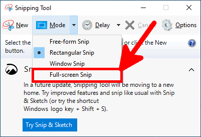 Windows SnippingTool Full-Screen Snip mode