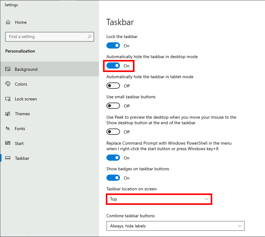 Windows 10 taskbar menu