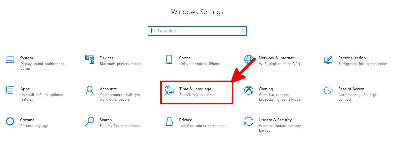 Windows 10 Settings main menu