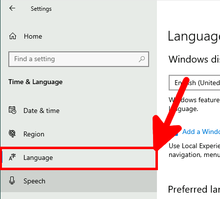 Windows 10 Language menu