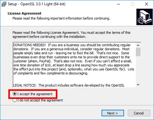 OpenSSL installation | License agreement