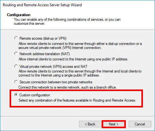 Windows | Routing and remote access console, Custom configuration