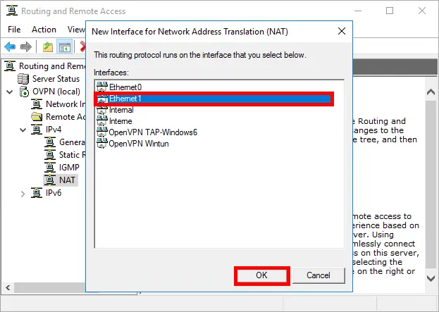 Windows | Routing and remote access console, selecting NAT interface
