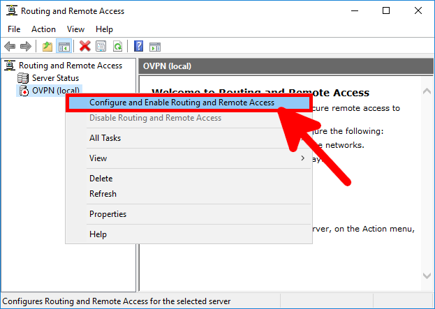 Routing and Remote Access console showing the option to configure and enable Routing and Remote Access with an arrow pointing to it