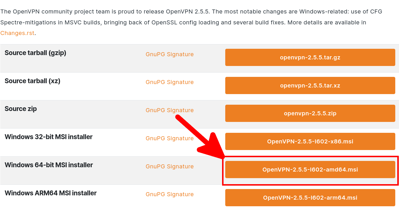 Download page for OpenVPN showing the selection of the Windows 64-bit MSI installer with an arrow pointing to the download button