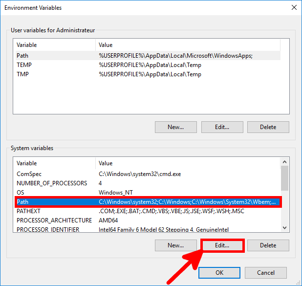 Environment Variables window in Windows showing system Path variable with Edit option highlighted