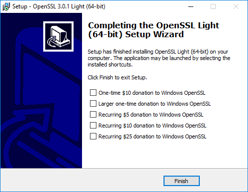 OpenSSL setup wizard completion window with options for donations and a Finish button