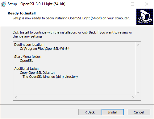 OpenSSL installation window showing summary of settings and ready to install prompt on Windows