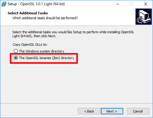 OpenSSL installation window asking to select additional tasks, with the option to copy binaries to the OpenSSL bin directory selected